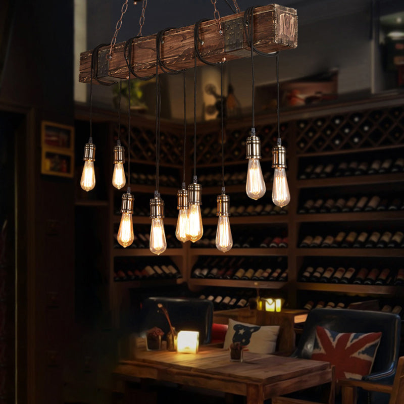 Traditional Vintage 10-Light Wood and Iron Chandelier - Adjustable Chain for Living Room