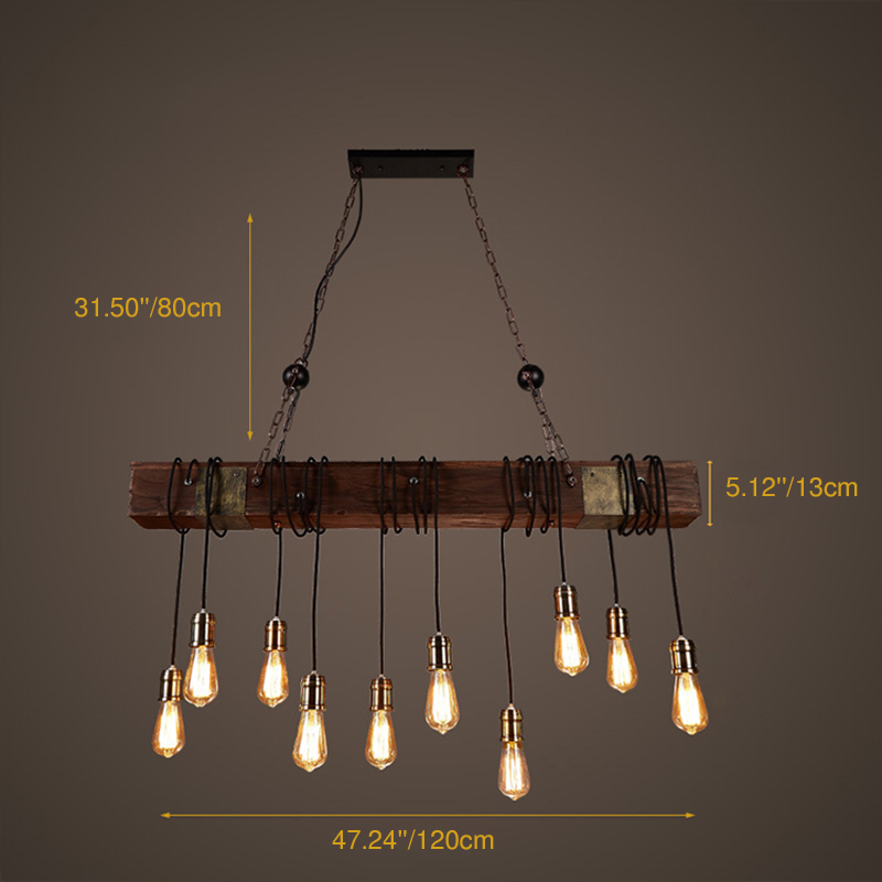 Traditional Vintage 10-Light Wood and Iron Chandelier - Adjustable Chain for Living Room