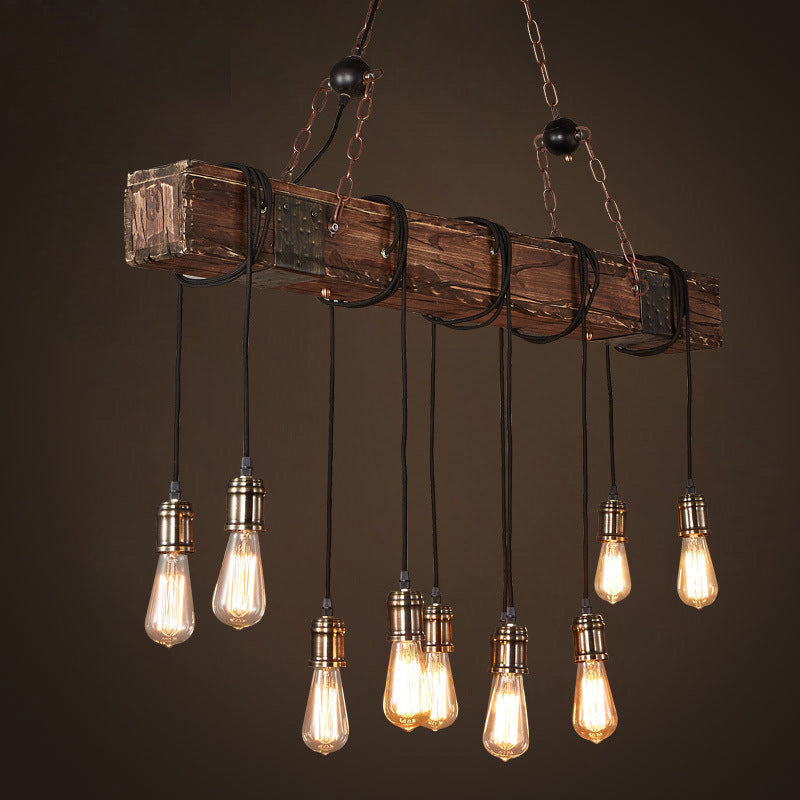 Traditional Vintage 10-Light Wood and Iron Chandelier - Adjustable Chain for Living Room