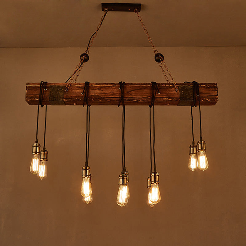 Traditional Vintage 10-Light Wood and Iron Chandelier - Adjustable Chain for Living Room