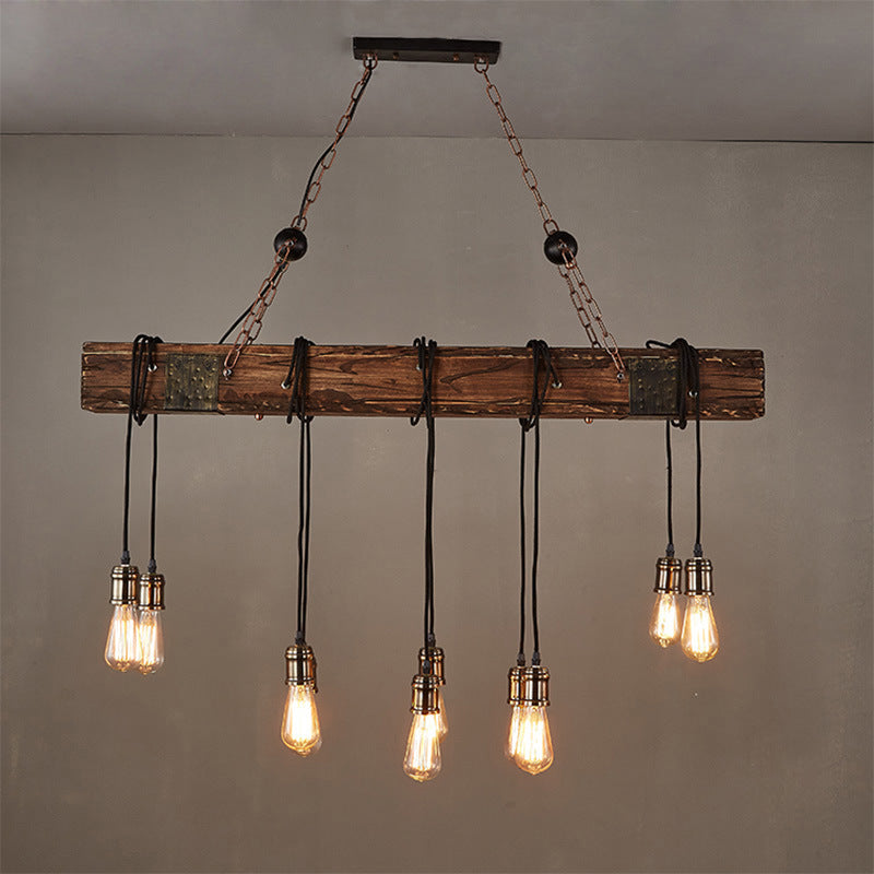 Traditional Vintage 10-Light Wood and Iron Chandelier - Adjustable Chain for Living Room