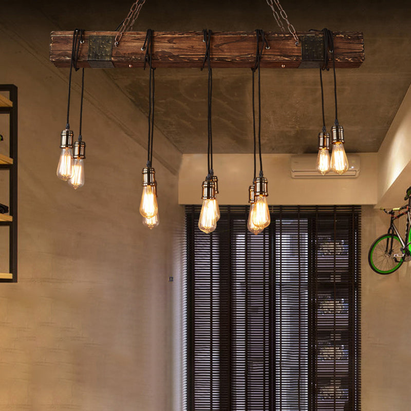 Traditional Vintage 10-Light Wood and Iron Chandelier - Adjustable Chain for Living Room