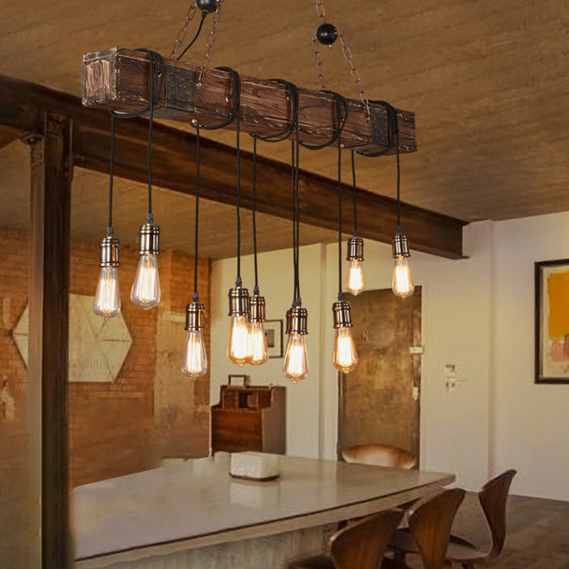Traditional Vintage 10-Light Wood and Iron Chandelier - Adjustable Chain for Living Room