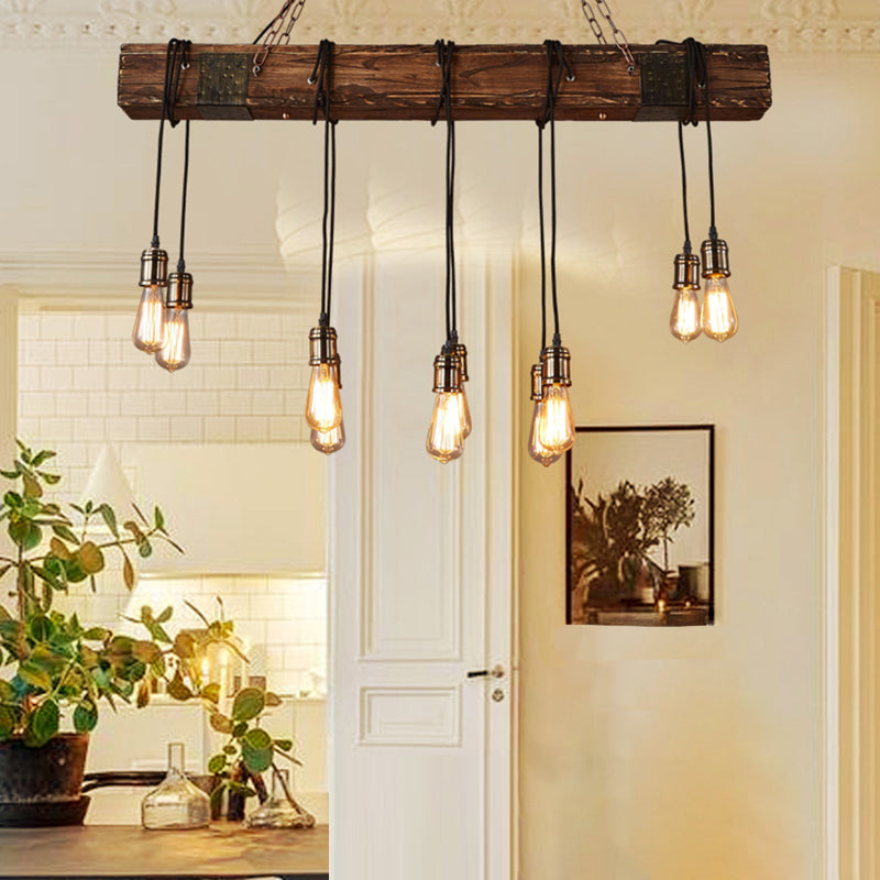 Traditional Vintage 10-Light Wood and Iron Chandelier - Adjustable Chain for Living Room