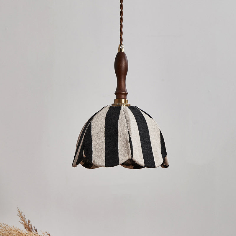 Modern Mid-Century Wavy Dome Pendant Light - Fabric & Wood 1-Light Fixture for Bedroom & Living Room Lighting