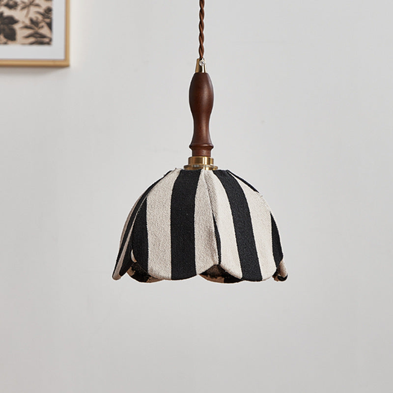 Modern Mid-Century Wavy Dome Pendant Light - Fabric & Wood 1-Light Fixture for Bedroom & Living Room Lighting