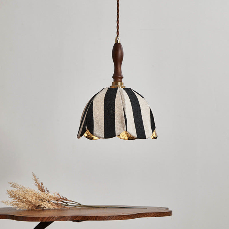 Modern Mid-Century Wavy Dome Pendant Light - Fabric & Wood 1-Light Fixture for Bedroom & Living Room Lighting