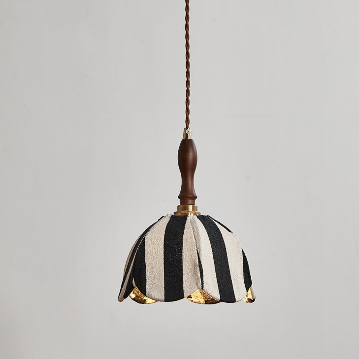 Modern Mid-Century Wavy Dome Pendant Light - Fabric & Wood 1-Light Fixture for Bedroom & Living Room Lighting