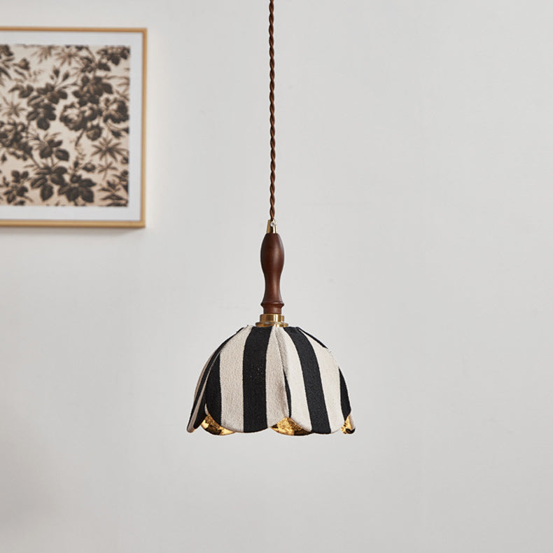 Modern Mid-Century Wavy Dome Pendant Light - Fabric & Wood 1-Light Fixture for Bedroom & Living Room Lighting