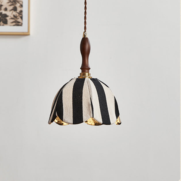 Modern Mid-Century Wavy Dome Pendant Light - Fabric & Wood 1-Light Fixture for Bedroom & Living Room Lighting