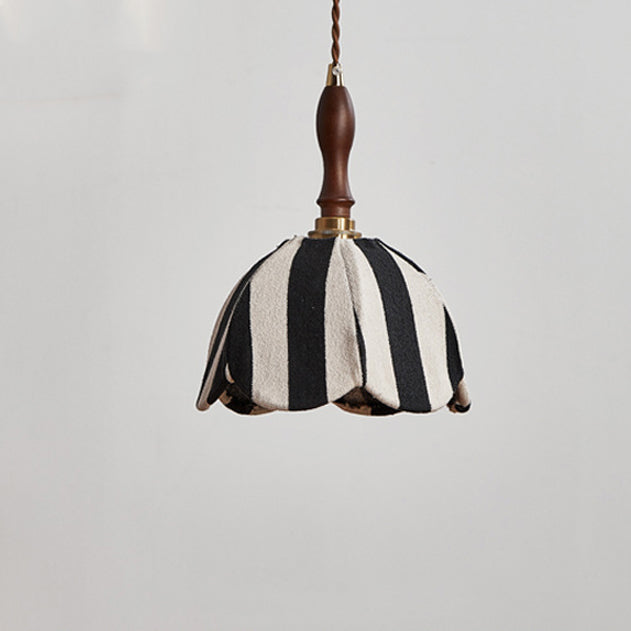 Modern Mid-Century Wavy Dome Pendant Light - Fabric & Wood 1-Light Fixture for Bedroom & Living Room Lighting