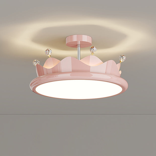 Contemporary Iron Crystal PE Round Crown LED Semi-Flush Mount Ceiling Light for Bedroom, Modern Minimalist Lighting Fixture, Elegant Indoor Ceiling Lamp, Energy-Efficient LED Light, Stylish Bedroom Decor, Chic Home Lighting Solution, Luxurious Crystal Ill