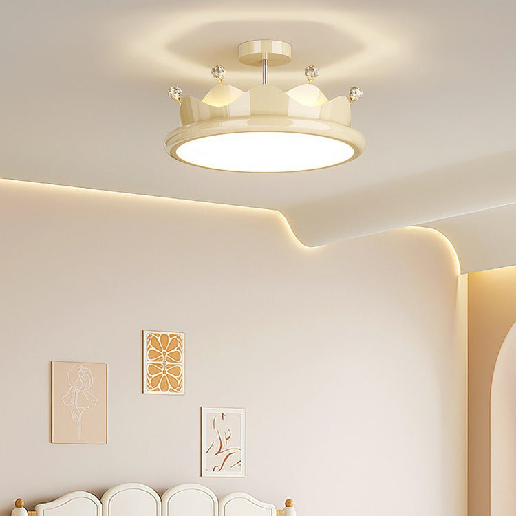 Contemporary Iron Crystal PE Round Crown LED Semi-Flush Mount Ceiling Light for Bedroom, Modern Minimalist Lighting Fixture, Elegant Indoor Ceiling Lamp, Energy-Efficient LED Light, Stylish Bedroom Decor, Chic Home Lighting Solution, Luxurious Crystal Ill