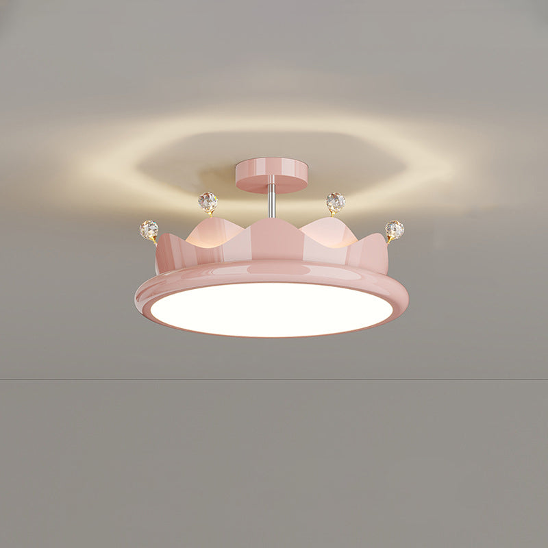 Contemporary Iron Crystal PE Round Crown LED Semi-Flush Mount Ceiling Light for Bedroom, Modern Minimalist Lighting Fixture, Elegant Indoor Ceiling Lamp, Energy-Efficient LED Light, Stylish Bedroom Decor, Chic Home Lighting Solution, Luxurious Crystal Ill