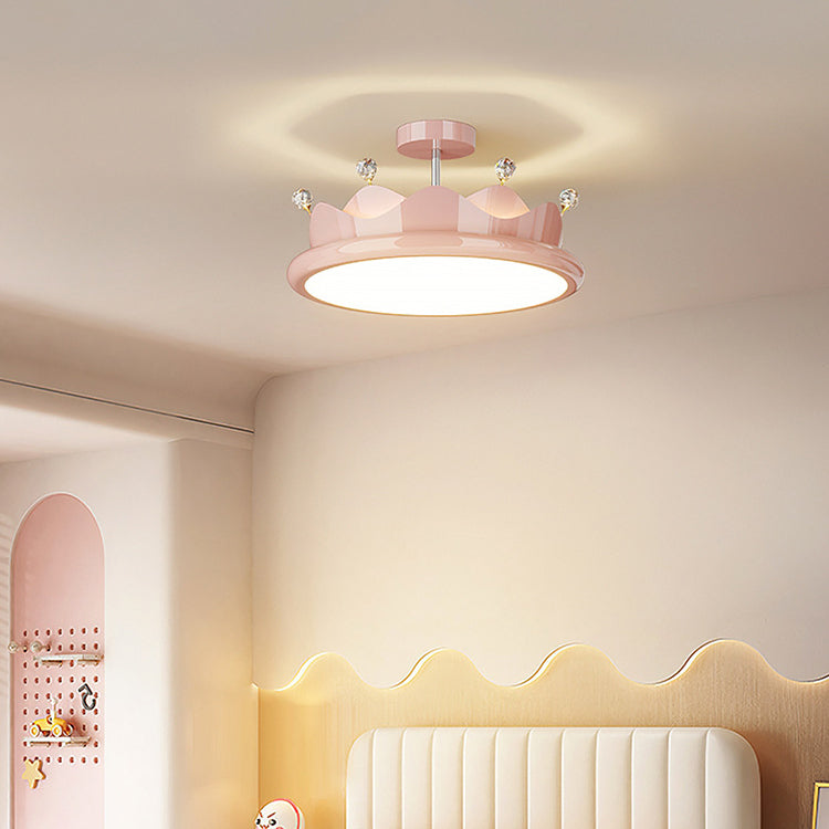 Contemporary Iron Crystal PE Round Crown LED Semi-Flush Mount Ceiling Light for Bedroom, Modern Minimalist Lighting Fixture, Elegant Indoor Ceiling Lamp, Energy-Efficient LED Light, Stylish Bedroom Decor, Chic Home Lighting Solution, Luxurious Crystal Ill