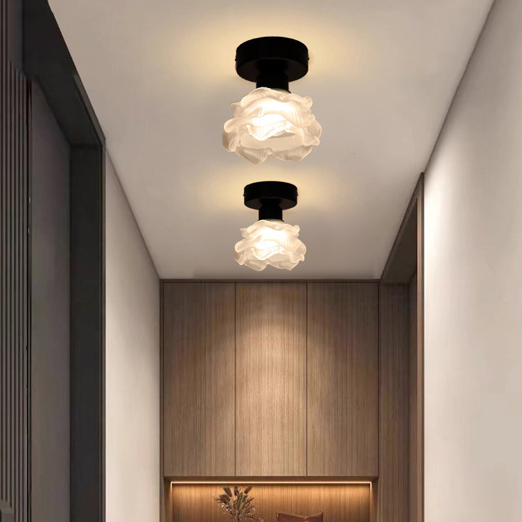 Traditional French Iron & Glass Rose 1-Light Semi-Flush Mount Ceiling Light for Hallway
