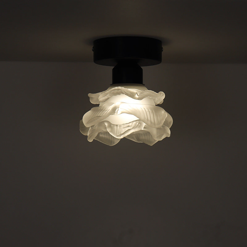 Traditional French Iron & Glass Rose 1-Light Semi-Flush Mount Ceiling Light for Hallway