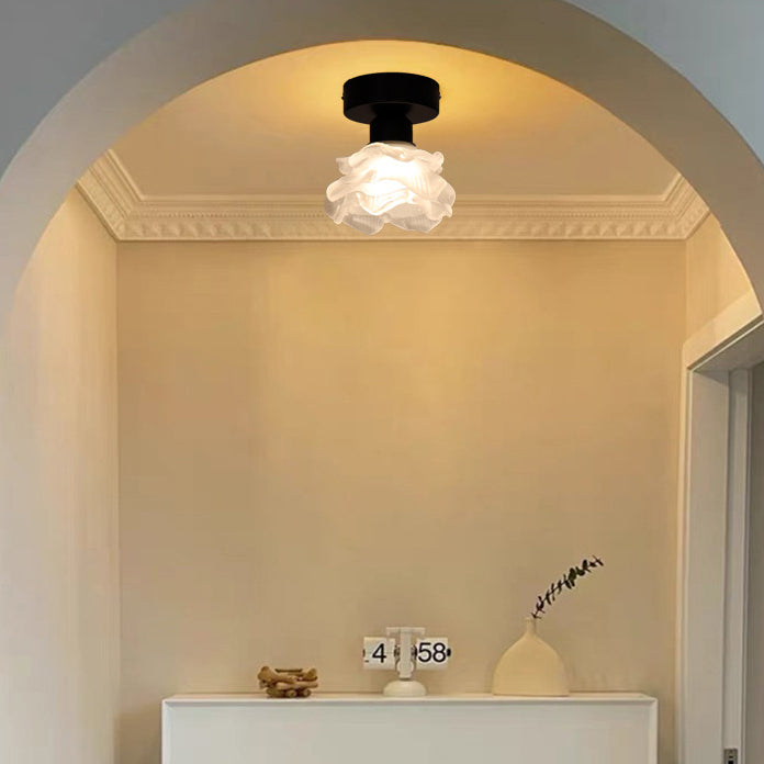 Traditional French Iron & Glass Rose 1-Light Semi-Flush Mount Ceiling Light for Hallway