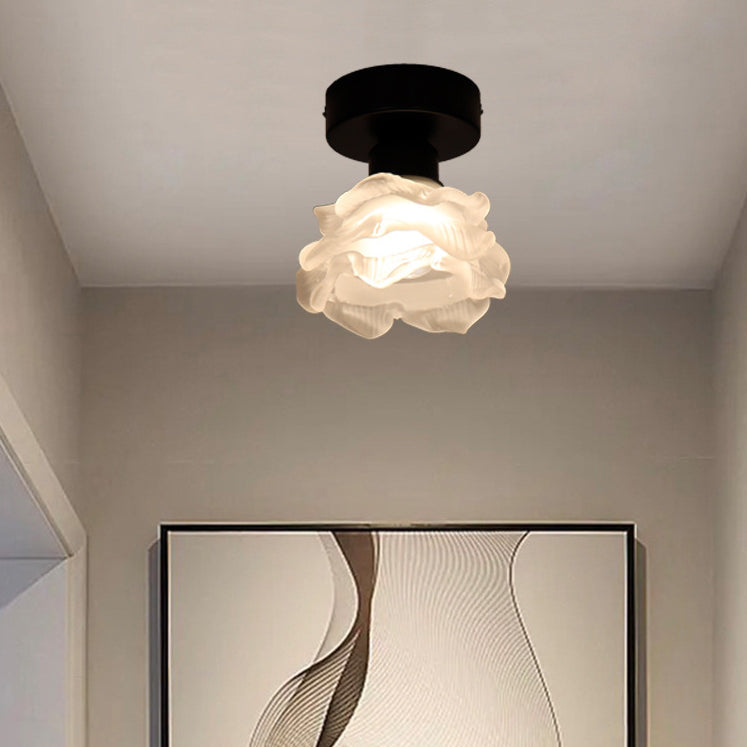 Traditional French Iron & Glass Rose 1-Light Semi-Flush Mount Ceiling Light for Hallway