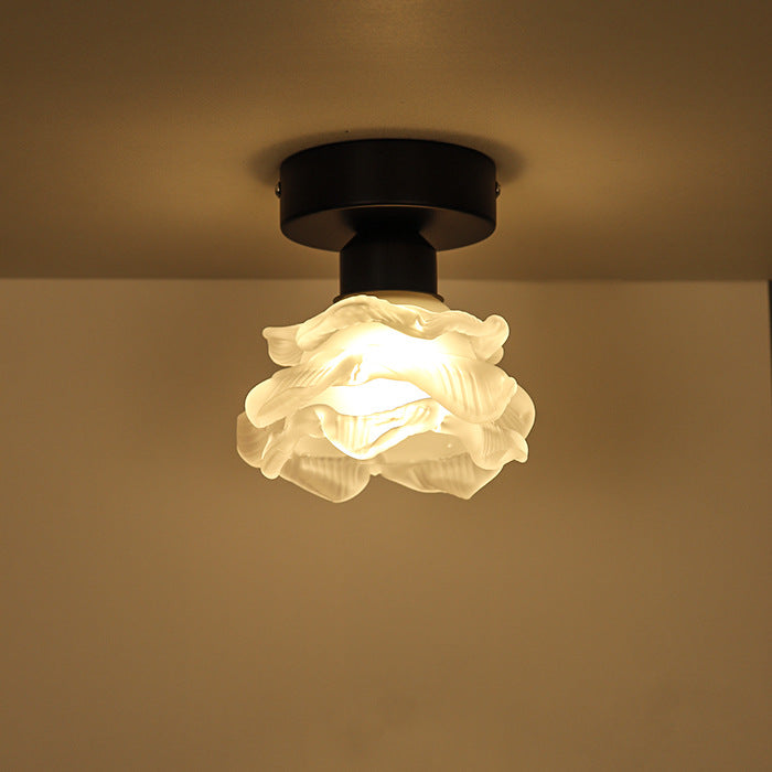 Traditional French Iron & Glass Rose 1-Light Semi-Flush Mount Ceiling Light for Hallway