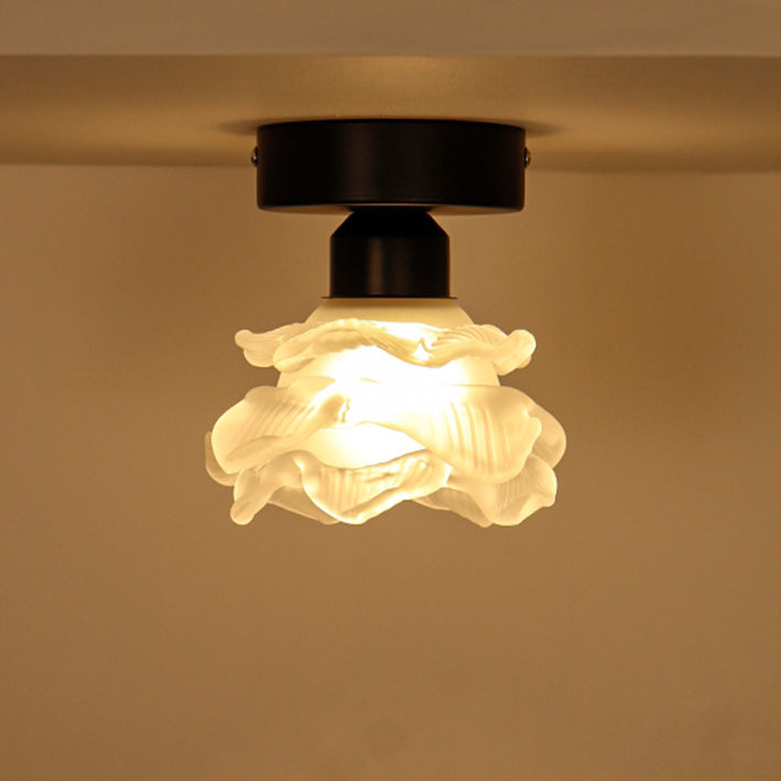 Traditional French Iron & Glass Rose 1-Light Semi-Flush Mount Ceiling Light for Hallway