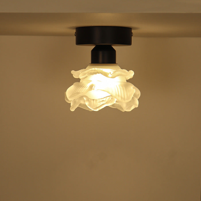 Traditional French Iron & Glass Rose 1-Light Semi-Flush Mount Ceiling Light for Hallway