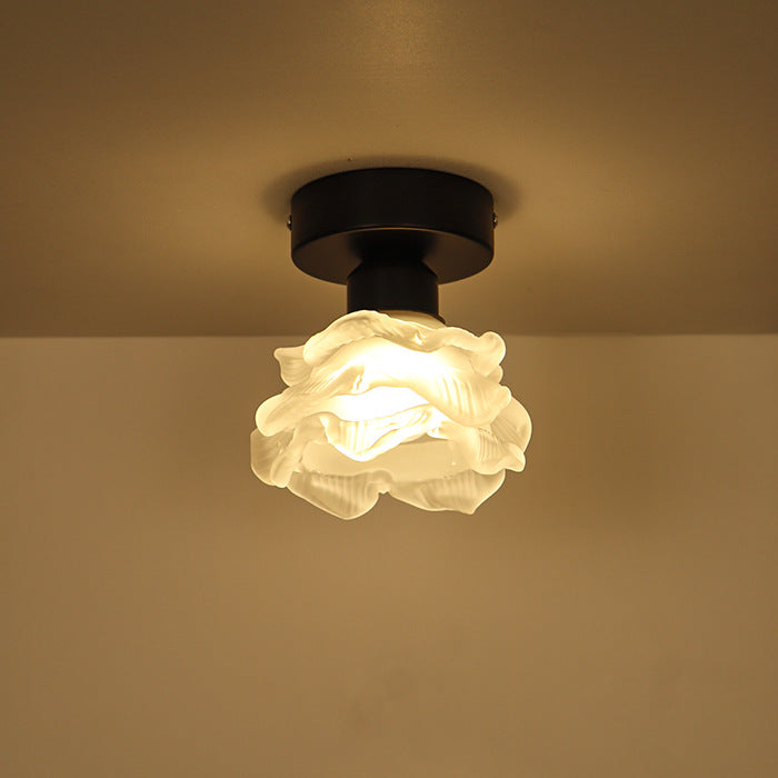 Traditional French Iron & Glass Rose 1-Light Semi-Flush Mount Ceiling Light for Hallway