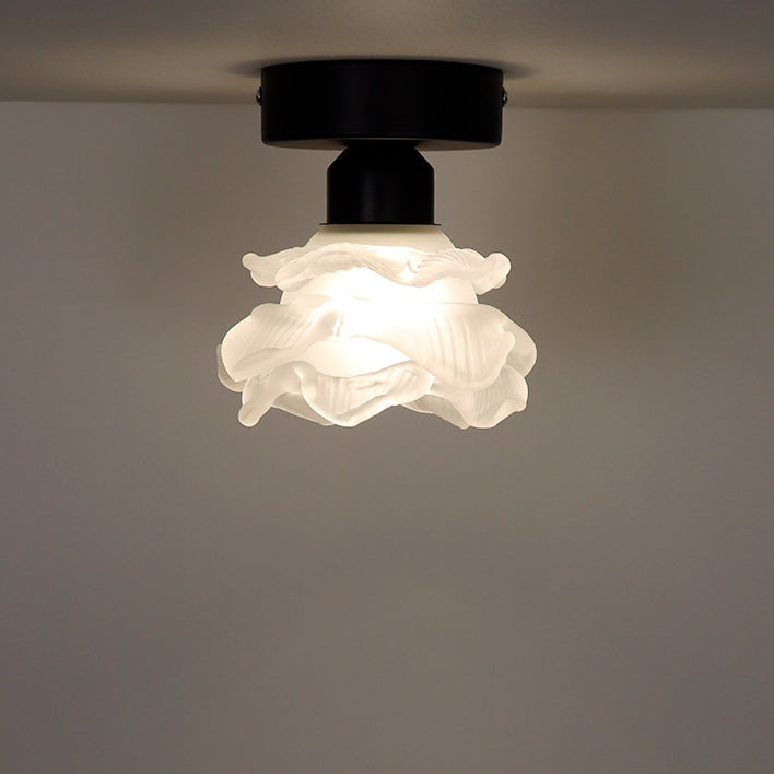 Traditional French Iron & Glass Rose 1-Light Semi-Flush Mount Ceiling Light for Hallway