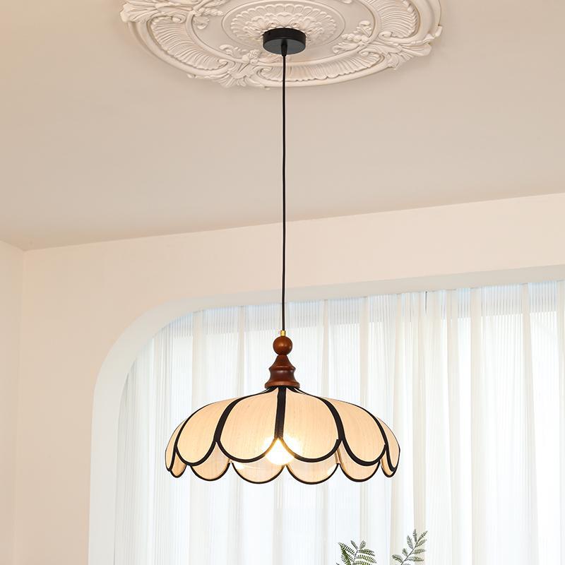 Traditional French Jute Iron Wood Floral Pendant Light for Living Room