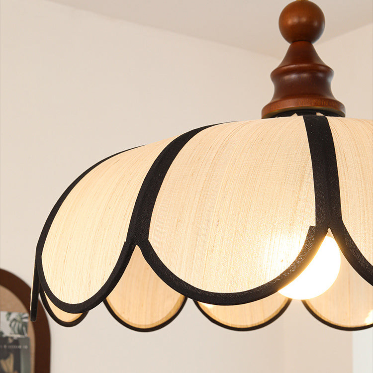 Traditional French Jute Iron Wood Floral Pendant Light for Living Room