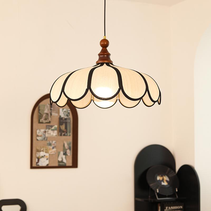 Traditional French Jute Iron Wood Floral Pendant Light for Living Room