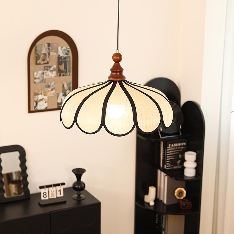 Traditional French Jute Iron Wood Floral Pendant Light for Living Room