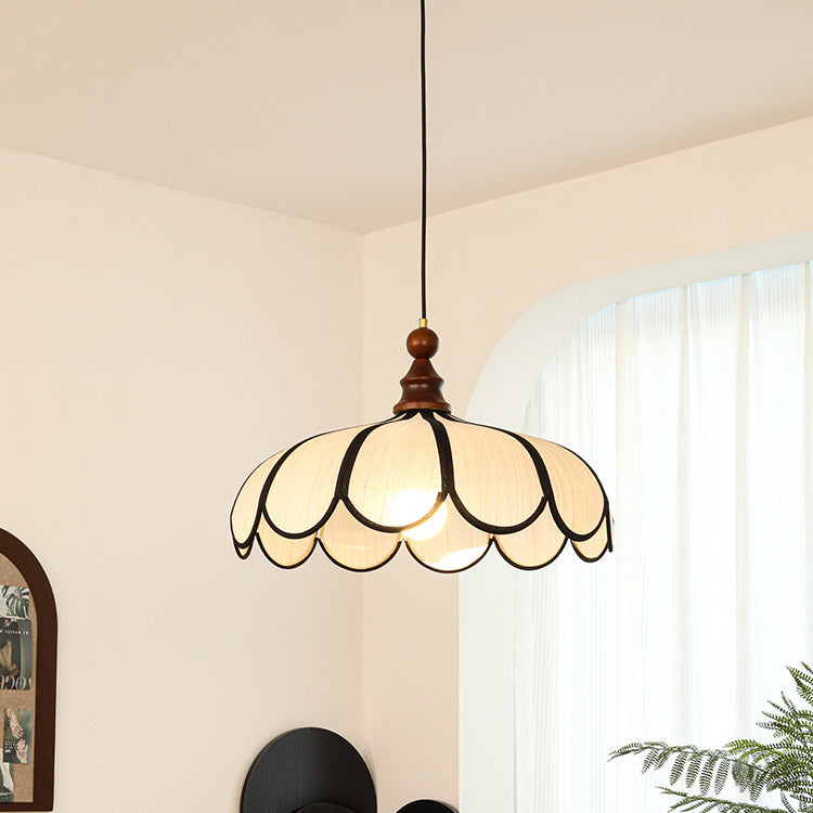 Traditional French Jute Iron Wood Floral Pendant Light for Living Room