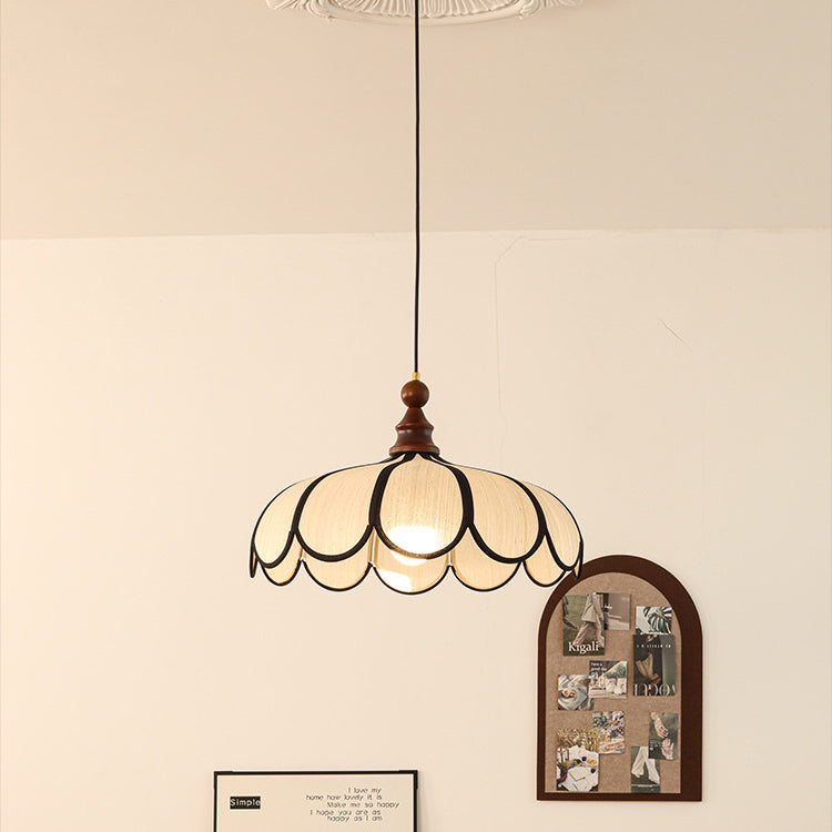 Traditional French Jute Iron Wood Floral Pendant Light for Living Room