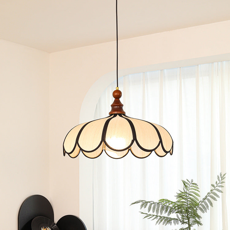 Traditional French Jute Iron Wood Floral Pendant Light for Living Room