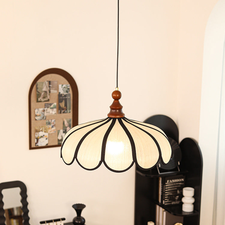 Traditional French Jute Iron Wood Floral Pendant Light for Living Room