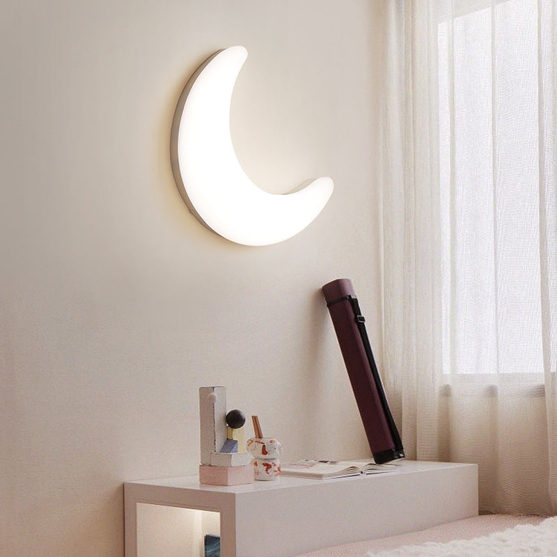 Modern Minimalist Iron Acrylic Moon LED Wall Sconce Lamp Kids Bedroom Night Light Lighting Decor Nursery Accent Fixture Space Galaxy Design