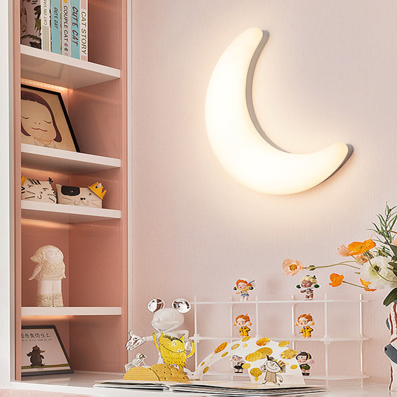Modern Minimalist Iron Acrylic Moon LED Wall Sconce Lamp Kids Bedroom Night Light Lighting Decor Nursery Accent Fixture Space Galaxy Design