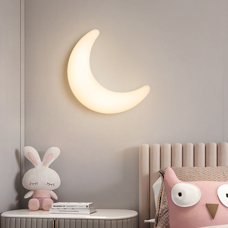 Modern Minimalist Iron Acrylic Moon LED Wall Sconce Lamp Kids Bedroom Night Light Lighting Decor Nursery Accent Fixture Space Galaxy Design