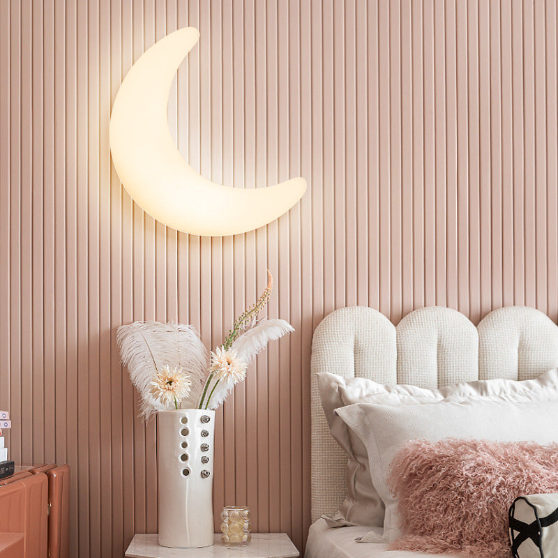 Modern Minimalist Iron Acrylic Moon LED Wall Sconce Lamp Kids Bedroom Night Light Lighting Decor Nursery Accent Fixture Space Galaxy Design