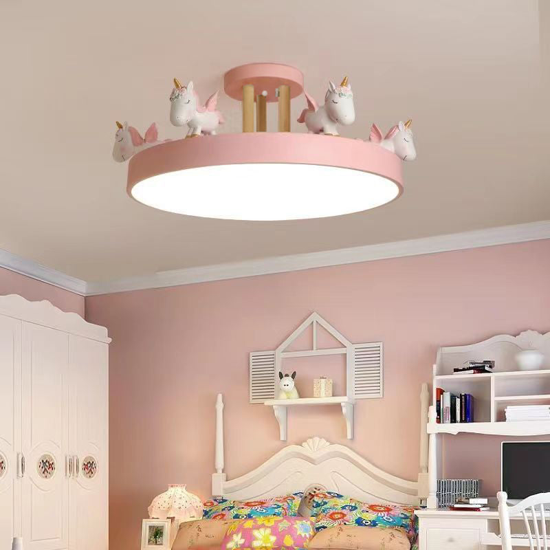 Contemporary Unicorn LED Semi-Flush Mount Ceiling Light for Bedroom - Resin, Iron, Acrylic, Wood Design