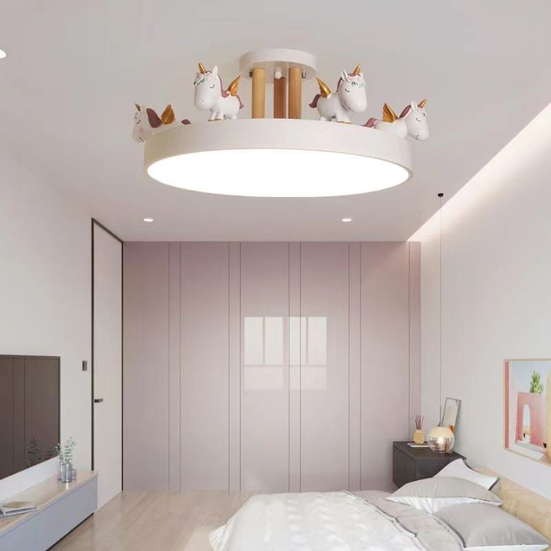 Contemporary Unicorn LED Semi-Flush Mount Ceiling Light for Bedroom - Resin, Iron, Acrylic, Wood Design