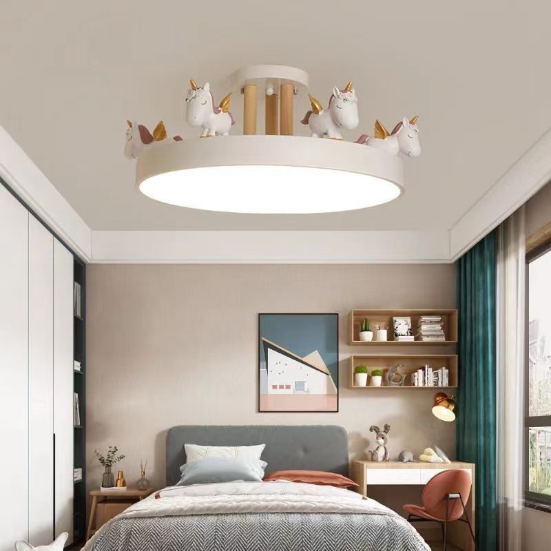Contemporary Unicorn LED Semi-Flush Mount Ceiling Light for Bedroom, Resin and Acrylic Design, Round Wood Accent, Stylish Kids Room Lighting, Modern Home Decor, Unique Night Light Fixture, Dimmable Ceiling Lamp, Decorative Illumination, Childrens Bedroom