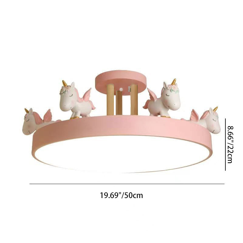 Contemporary Unicorn LED Semi-Flush Mount Ceiling Light for Bedroom, Resin and Acrylic Design, Round Wood Accent, Stylish Kids Room Lighting, Modern Home Decor, Unique Night Light Fixture, Dimmable Ceiling Lamp, Decorative Illumination, Childrens Bedroom