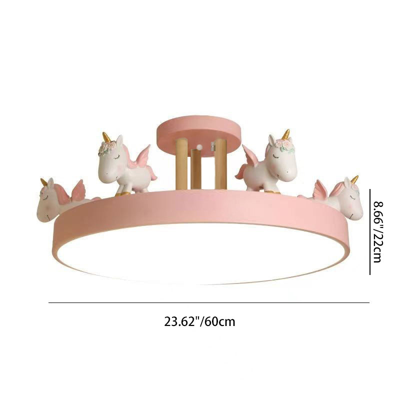 Contemporary Unicorn LED Semi-Flush Mount Ceiling Light for Bedroom - Resin, Iron, Acrylic, Wood Design