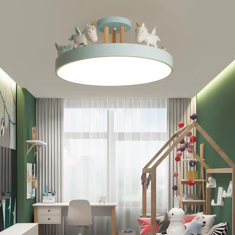 Contemporary Unicorn LED Semi-Flush Mount Ceiling Light for Bedroom - Resin, Iron, Acrylic, Wood Design
