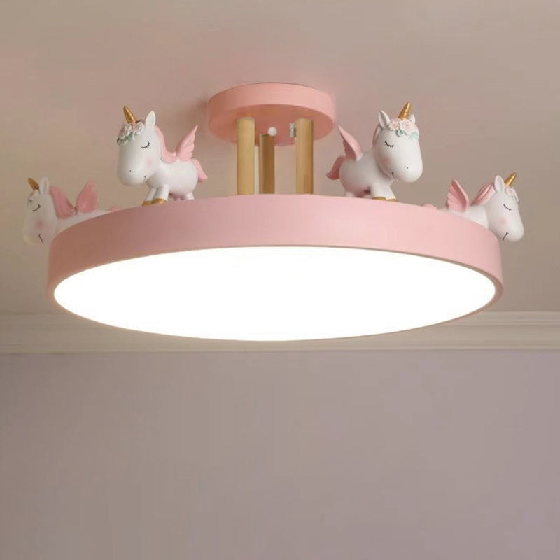 Contemporary Unicorn LED Semi-Flush Mount Ceiling Light for Bedroom, Resin and Acrylic Design, Round Wood Accent, Stylish Kids Room Lighting, Modern Home Decor, Unique Night Light Fixture, Dimmable Ceiling Lamp, Decorative Illumination, Childrens Bedroom