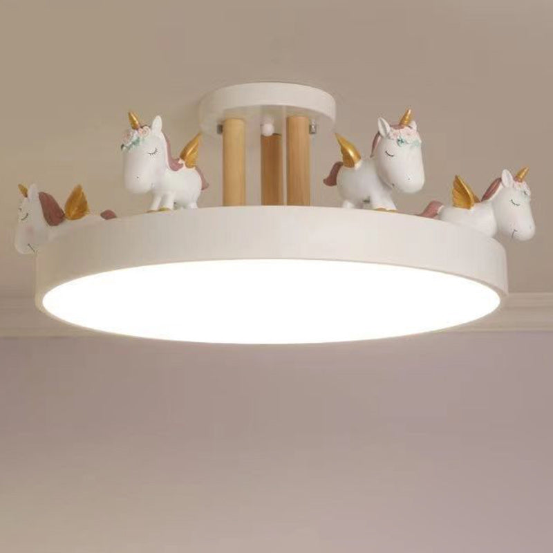 Contemporary Unicorn LED Semi-Flush Mount Ceiling Light for Bedroom, Resin and Acrylic Design, Round Wood Accent, Stylish Kids Room Lighting, Modern Home Decor, Unique Night Light Fixture, Dimmable Ceiling Lamp, Decorative Illumination, Childrens Bedroom