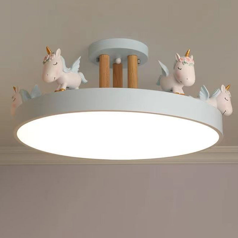 Contemporary Unicorn LED Semi-Flush Mount Ceiling Light for Bedroom, Resin and Acrylic Design, Round Wood Accent, Stylish Kids Room Lighting, Modern Home Decor, Unique Night Light Fixture, Dimmable Ceiling Lamp, Decorative Illumination, Childrens Bedroom