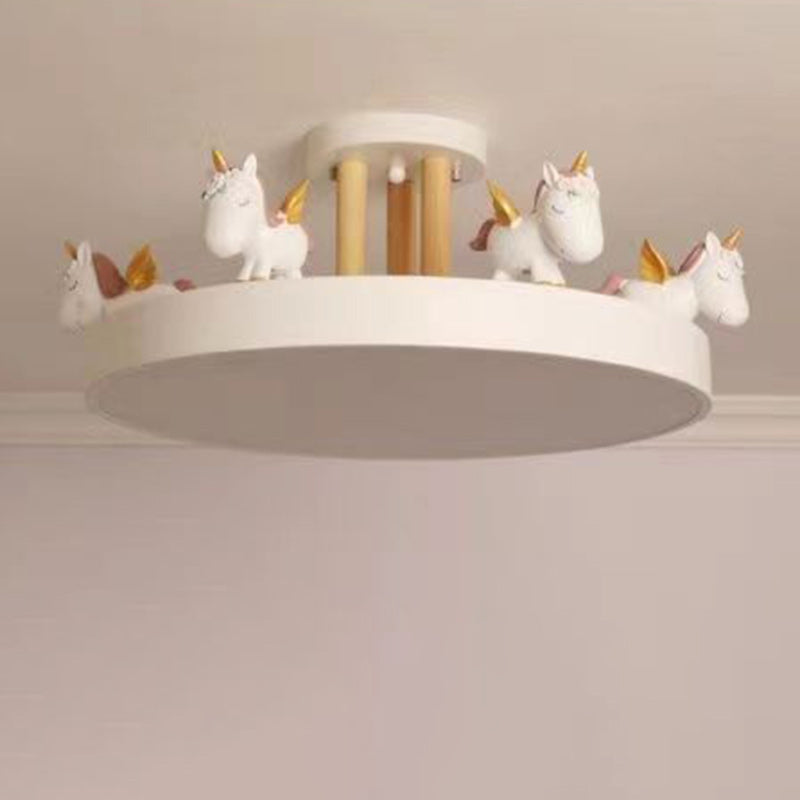 Contemporary Unicorn LED Semi-Flush Mount Ceiling Light for Bedroom - Resin, Iron, Acrylic, Wood Design